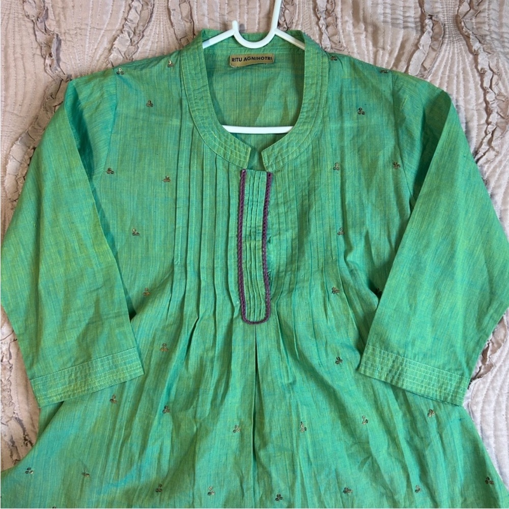Ritu Kumar Green Embroidered Kurta Tunic Top S India
